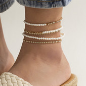 IngeSight.Z Set de 5 bucăți/set de brățări de gleznă cu strasuri strălucitoare pentru femei, perle de imitație simple, lanț pentru picioare, bijuterii de plajă