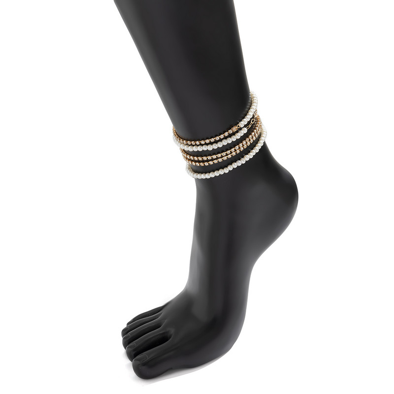 IngeSight.Z Set de 5 bucăți/set de brățări de gleznă cu strasuri strălucitoare pentru femei, perle de imitație simple, lanț pentru picioare, bijuterii de plajă