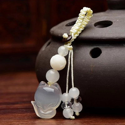 Calcedonie naturală cristal piatră pandantiv vulpe breloc mașină sculptat manual Bodhi lotus lucky amulet breloc cadouri pentru bărbați femei cadouri