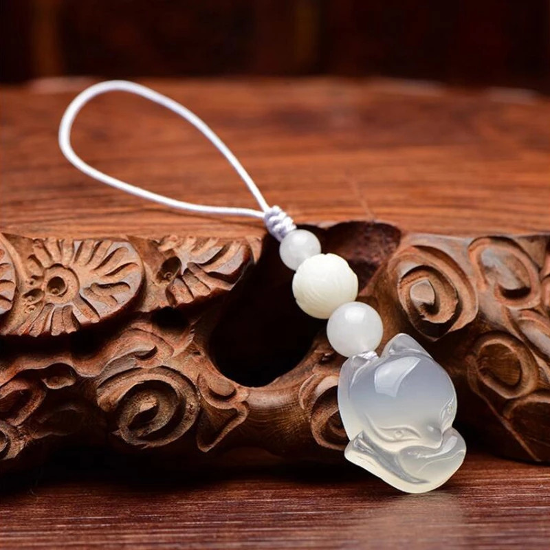 Calcedonie naturală cristal piatră pandantiv vulpe breloc mașină sculptat manual Bodhi lotus lucky amulet breloc cadouri pentru bărbați femei cadouri