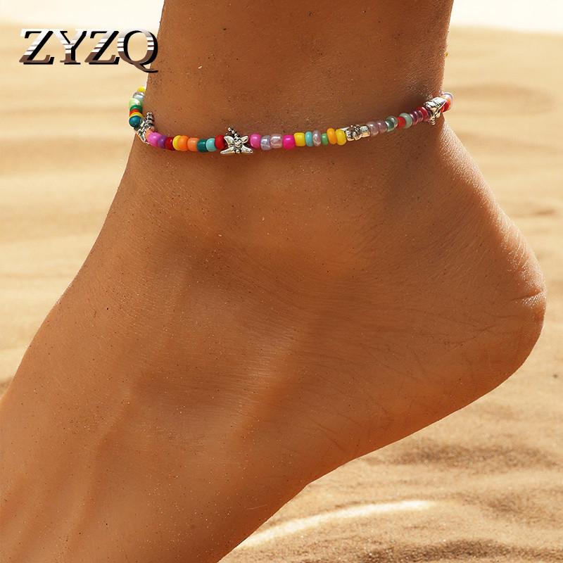 ZYZQ Lanțuri boeme cu margele gleznă inimă rotundă colorată pentru femei, fete, glezne, sandale desculțe, bijuterii pentru picioare, cadou