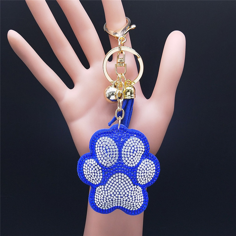 Breloc cu ciucuri de cristal de mână pentru câine de modă pentru femei, de culoare aurie, pentru caine de companie, pisică, geantă cu imprimeu labe, lanț cheie bijuterii llavero mujer K2500S01