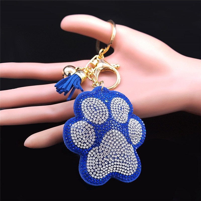 Breloc cu ciucuri de cristal de mână pentru câine de modă pentru femei, de culoare aurie, pentru caine de companie, pisică, geantă cu imprimeu labe, lanț cheie bijuterii llavero mujer K2500S01