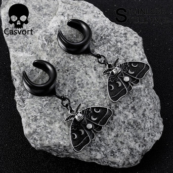 Casvort 2PCS New Trendy Dangle Moth Saddle Тапи за уши Пиърсинг Бижута за тяло Уреди за уши от неръждаема стомана Тунели Носилки