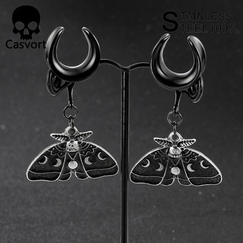 Casvort 2PCS New Trendy Dangle Moth Saddle Тапи за уши Пиърсинг Бижута за тяло Уреди за уши от неръждаема стомана Тунели Носилки