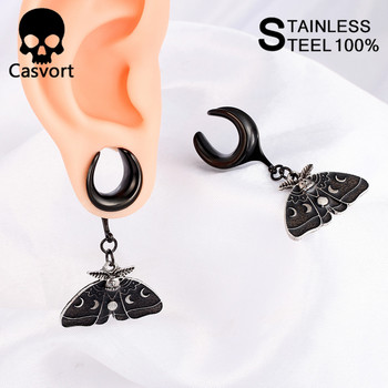 Casvort 2PCS New Trendy Dangle Moth Saddle Тапи за уши Пиърсинг Бижута за тяло Уреди за уши от неръждаема стомана Тунели Носилки