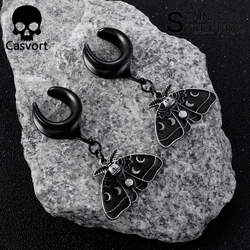 Casvort 2 DB Új divatos Dangle Moth Nyereg Füldugók Piercing Testékszerek Rozsdamentes acél fülmérők Alagutak Hordágyak