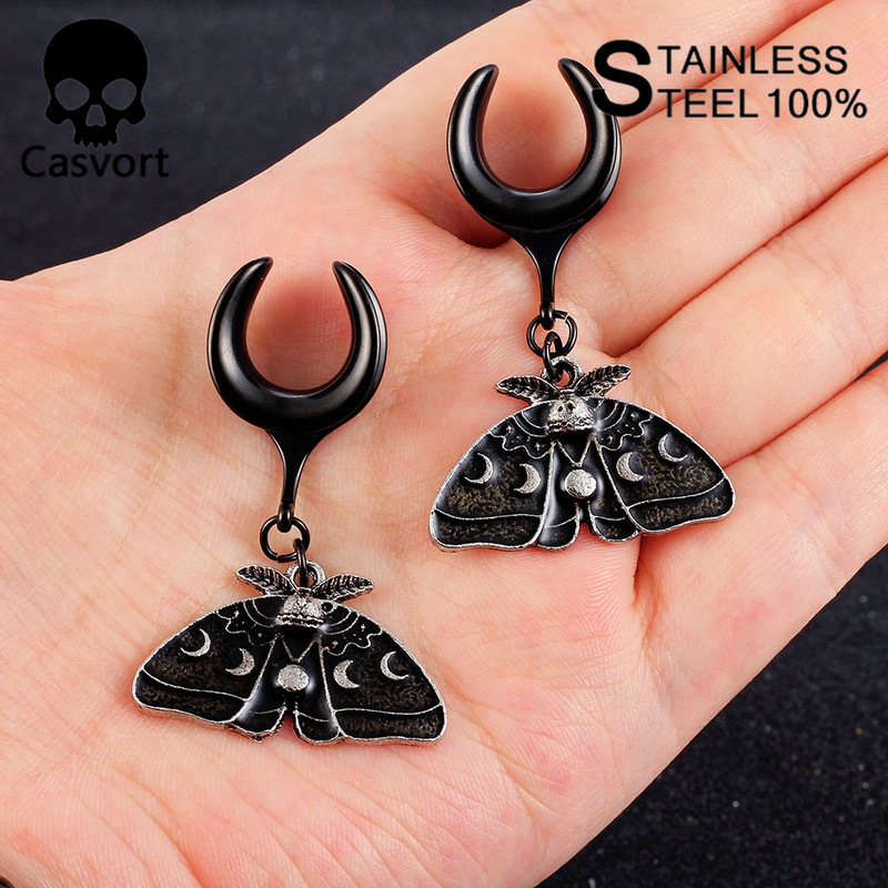 Casvort 2 DB Új divatos Dangle Moth Nyereg Füldugók Piercing Testékszerek Rozsdamentes acél fülmérők Alagutak Hordágyak