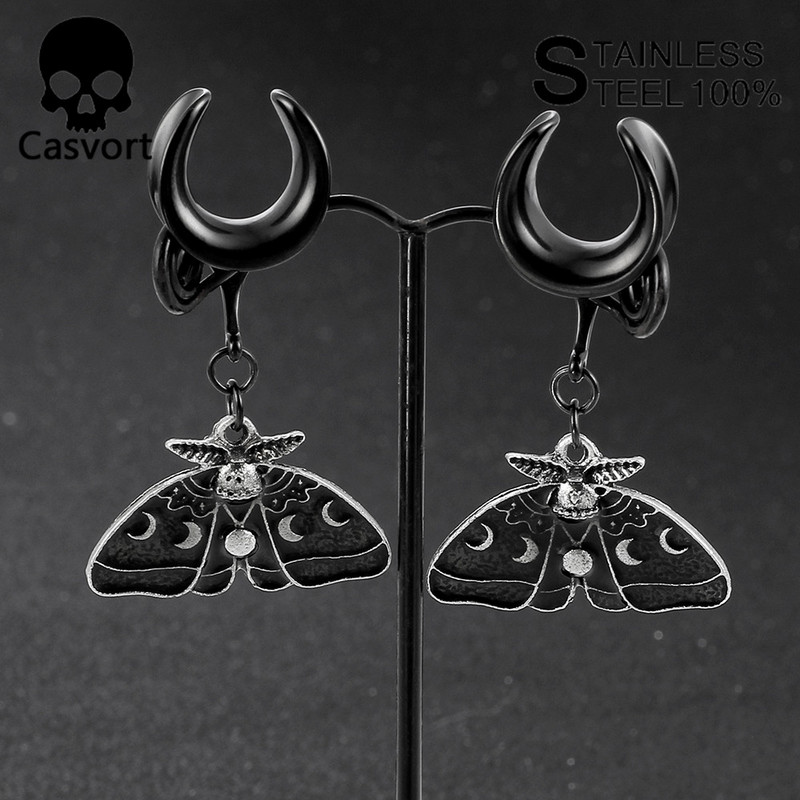 Casvort 2 DB Új divatos Dangle Moth Nyereg Füldugók Piercing Testékszerek Rozsdamentes acél fülmérők Alagutak Hordágyak