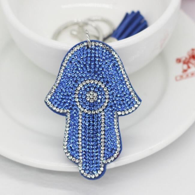 13 színű nagykereskedés ezüstözött Hamsa Fatima kézi és strassz bűbájok tenyérkulcstartó Divat autós kulcstartó tartozékok