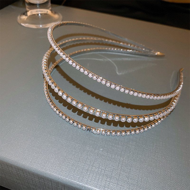 XIALUOKE Fashion Geometrie Trei Straturi Bandă de păr Perla Grănițe de păr pentru femei Bentite elegante cu personalitate Îmbrăcăminte de păr Bijuterii de mireasă