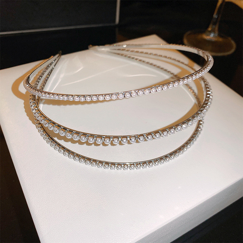 XIALUOKE Fashion Geometrie Trei Straturi Bandă de păr Perla Grănițe de păr pentru femei Bentite elegante cu personalitate Îmbrăcăminte de păr Bijuterii de mireasă