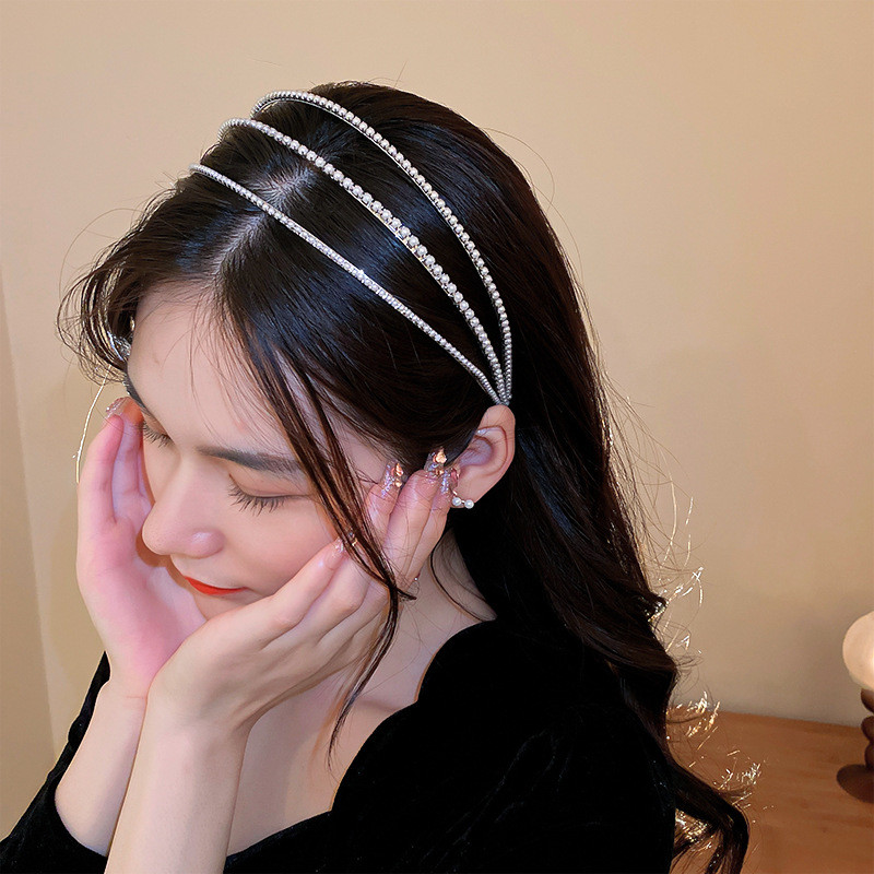 XIALUOKE Fashion Geometrie Trei Straturi Bandă de păr Perla Grănițe de păr pentru femei Bentite elegante cu personalitate Îmbrăcăminte de păr Bijuterii de mireasă