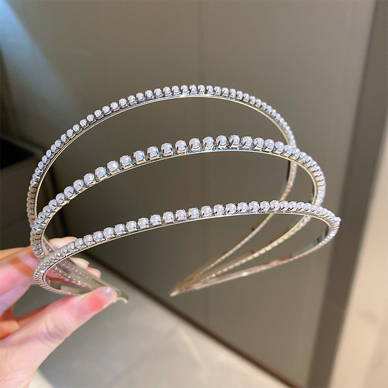 XIALUOKE Fashion Geometrie Trei Straturi Bandă de păr Perla Grănițe de păr pentru femei Bentite elegante cu personalitate Îmbrăcăminte de păr Bijuterii de mireasă