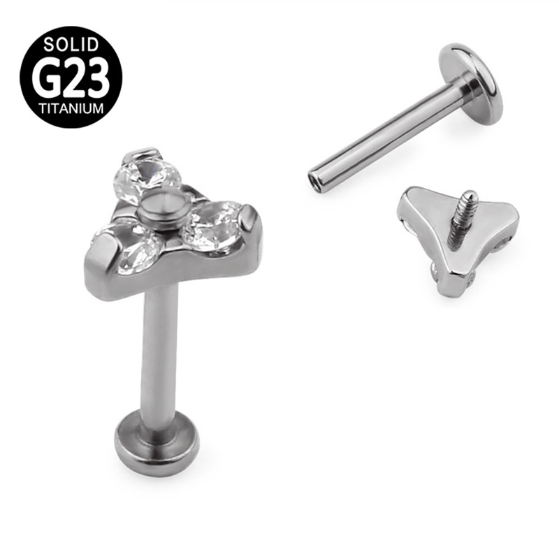 G23 Titanium Circon Stone Háromszög Labret Stud Stud Helix Fülporc fülbevaló PIERC fülcsavarok Ajakgyűrű Bar Piercing Ékszerek