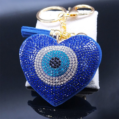 Heart Blue Crystal Islam Turkey Eye Privjesak za ključeve Zlatne boje Privjesak za ključeve Nakit bijoux acier neoksidiran K2805S01