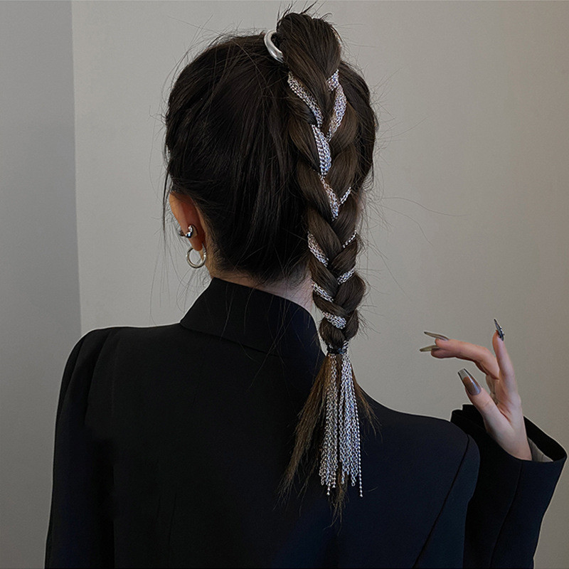 XIALUOKE Vintage Hyperbole Geometric Agrafe de păr cu lanț de metal pentru femei, împletitură, bentiță, ciucuri lungi, bijuterii de păr, accesorii pentru mireasă