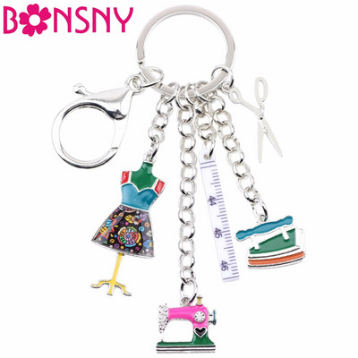 Bonsny Alloy Шевна машина Инструменти Scissor Flatiron Ключодържатели Пръстен Подарък за жени Момиче Чанта Charm Keychain Charm Ключодържател Бижута