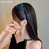 XIALUOKE Cerc de păr vintage cu ciucuri cu mai multe straturi de cristal pentru femei, elegantă, de lux, cu strasuri albastre, bijuterii pentru păr