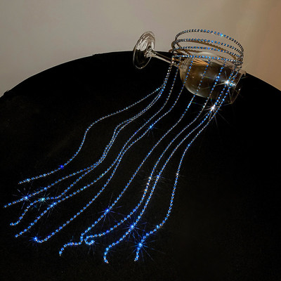 XIALUOKE Cerc de păr vintage cu ciucuri cu mai multe straturi de cristal pentru femei, elegantă, de lux, cu strasuri albastre, bijuterii pentru păr