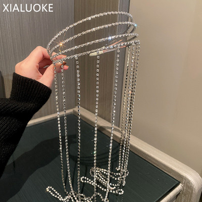 XIALUOKE Cerc de păr vintage cu ciucuri cu mai multe straturi de cristal pentru femei, elegantă, de lux, cu strasuri albastre, bijuterii pentru păr