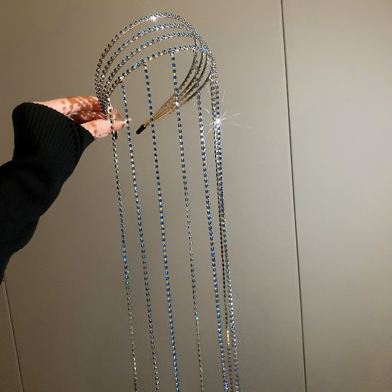 XIALUOKE Cerc de păr vintage cu ciucuri cu mai multe straturi de cristal pentru femei, elegantă, de lux, cu strasuri albastre, bijuterii pentru păr