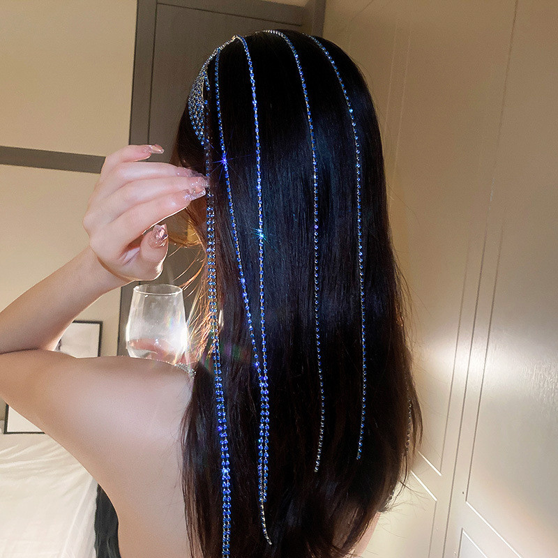 XIALUOKE Cerc de păr vintage cu ciucuri cu mai multe straturi de cristal pentru femei, elegantă, de lux, cu strasuri albastre, bijuterii pentru păr