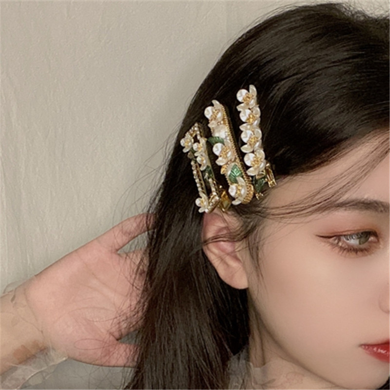 XIALUOKE Moda Coreea flori albe frunze perle ac de păr drăguț romantic de primăvară de aur duckbill clip bareta bijuterii de păr femei