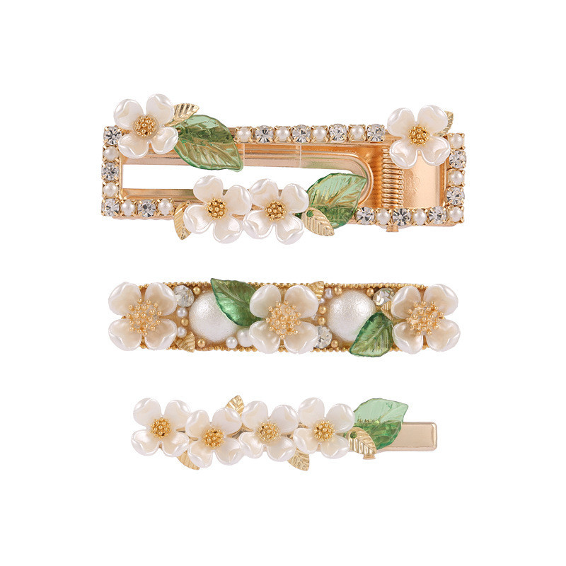XIALUOKE Moda Coreea flori albe frunze perle ac de păr drăguț romantic de primăvară de aur duckbill clip bareta bijuterii de păr femei