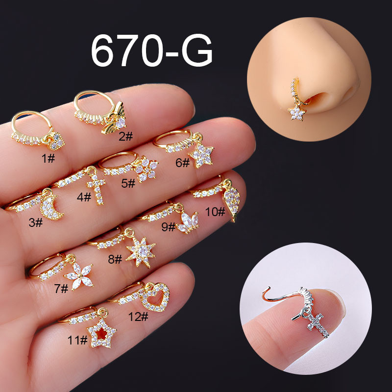 20G Gem Dangle Orrgyűrűk Női Szívhez Függesztett Orr Piering Ékszerek Testékszerek