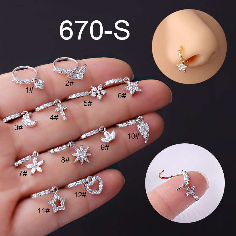 20G Gem Dangle Orrgyűrűk Női Szívhez Függesztett Orr Piering Ékszerek Testékszerek