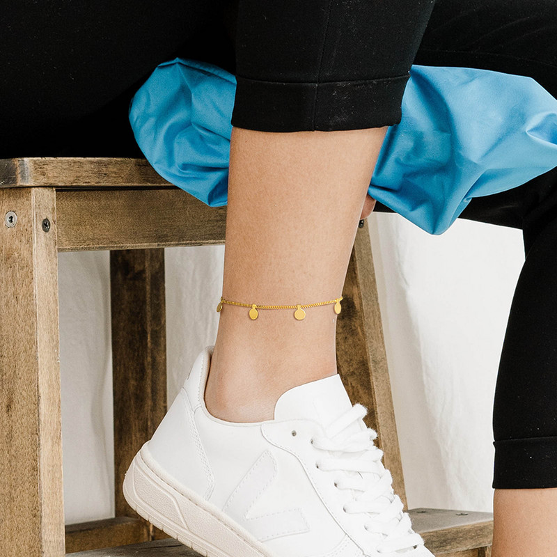 Brățară de gleznă cu disc pentru femei, gleznă de monede, lanț din oțel inoxidabil reglabil, bijuterii de gleznă de plajă de vară