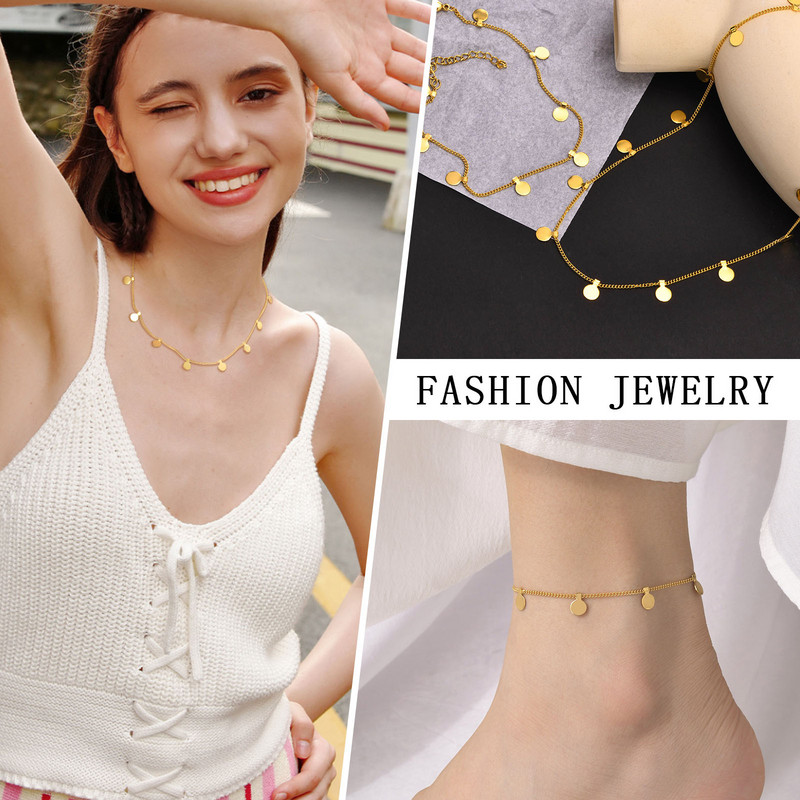 Brățară de gleznă cu disc pentru femei, gleznă de monede, lanț din oțel inoxidabil reglabil, bijuterii de gleznă de plajă de vară