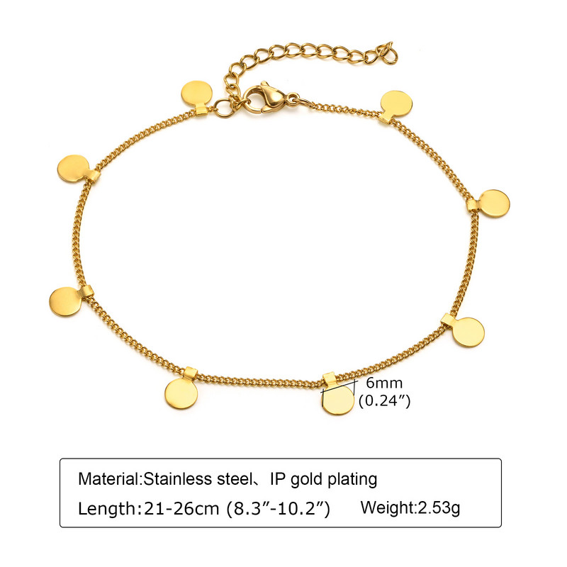 Brățară de gleznă cu disc pentru femei, gleznă de monede, lanț din oțel inoxidabil reglabil, bijuterii de gleznă de plajă de vară