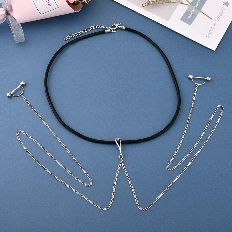 Spenelių štangos žiedai su grandinėle ir odiniais karoliais spenelių žiedais krūtų vėrimo papuošalai 14G