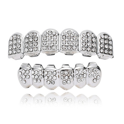New Teeth Top Bottom Hip Hop Gold Silver Color Iced Out CZ Teeth Grillz Top Bottom Men Women Jewelry Punk Hip hop Gothic Teeth