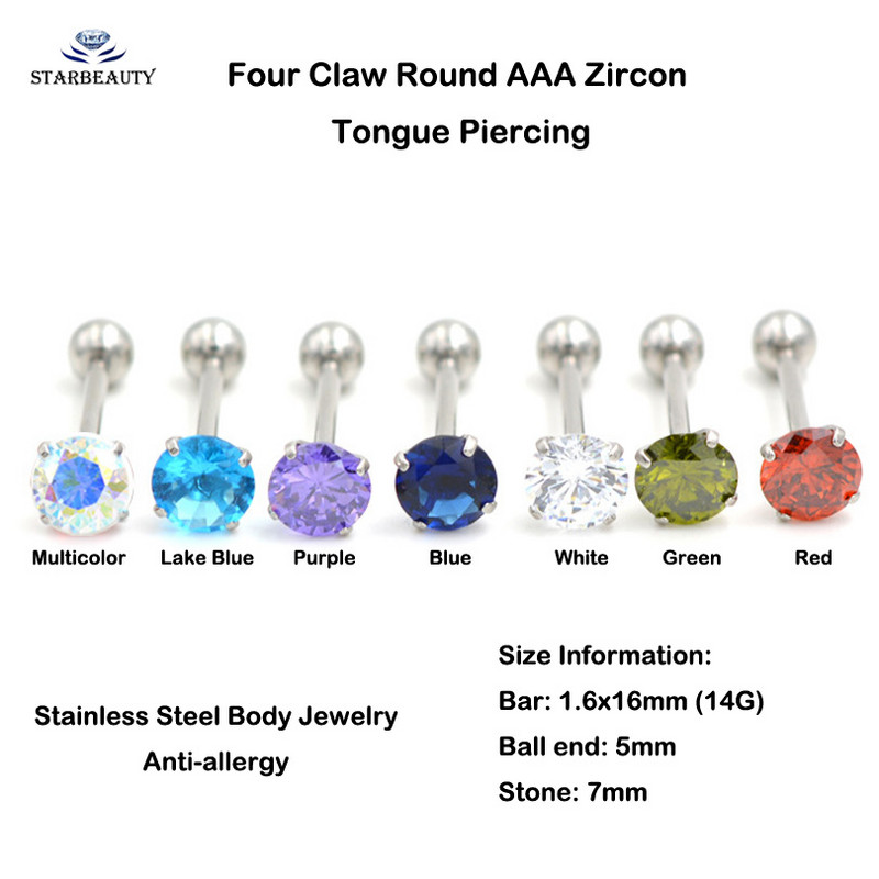 Starbeauty 1buc 1.6x16mm Barbell 7mm Top rotund piercing limba inele pentru limba inele de zircon incrustate bijuterii pentru corp din oțel inoxidabil