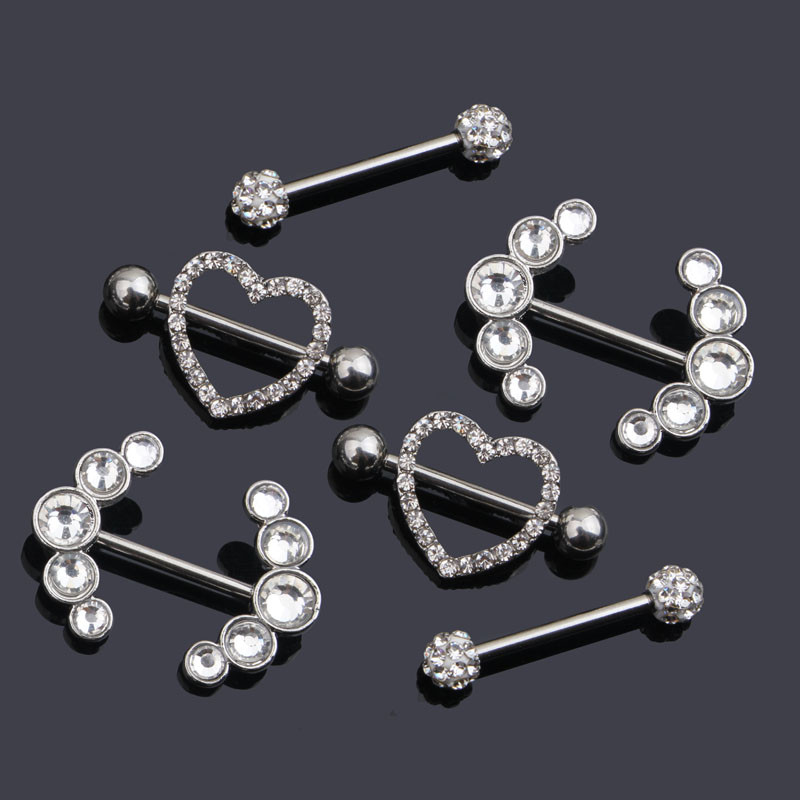 1 perechi de inele sexy pentru mamelon inimă CZ Crystal Barbell scut piercing pentru mamelon Femei Bărbați 316L Oțel Piercing pentru corp Bijuterii Oreja 14G