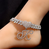 La modă, cu litere cursive de cristal, gleznă cubaneză pentru femei, lanț de gleznă cu legături cubaneze, cu litere AZ, bijuterii punk desculț