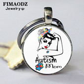 FIMAODZ Autism Mom Privjesak za ključeve Rainbow Puzzle Simbol svjesnosti o autizmu Staklena kupola Metalni privjesak Privjesak za ključeve Nada Privjesak za ključeve Obiteljski dar