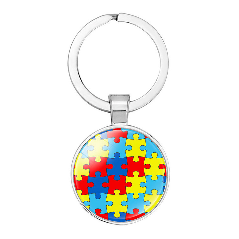 FIMAODZ Autism Mom Privjesak za ključeve Rainbow Puzzle Simbol svjesnosti o autizmu Staklena kupola Metalni privjesak Privjesak za ključeve Nada Privjesak za ključeve Obiteljski dar