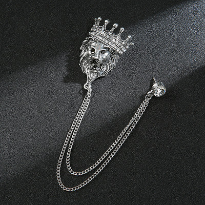 Broșă cu cap de leu de animal vintage, coroană de cristal, ac pentru rever pentru bărbați și femei, ace de guler pentru cămașă, accesorii de bijuterii