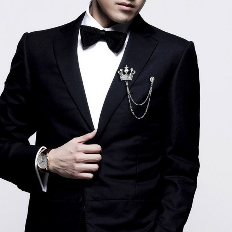 Broșă unisex în formă de coroană în stil britanic coreean, lanț de ciucuri, ace de rever, accesoriu pentru costum retro corsaj, accesoriu pentru bărbați