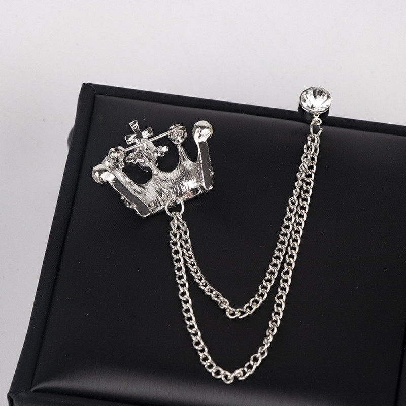 Broșă unisex în formă de coroană în stil britanic coreean, lanț de ciucuri, ace de rever, accesoriu pentru costum retro corsaj, accesoriu pentru bărbați