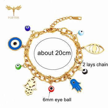 Щастливи турски гривни за зло око за жени Hamsa Hand Charms Eye Glass Balls 2 Lays Верига от неръждаема стомана Lobster Закопчалка Бижута