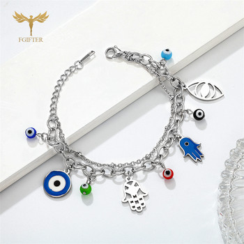 Щастливи турски гривни за зло око за жени Hamsa Hand Charms Eye Glass Balls 2 Lays Верига от неръждаема стомана Lobster Закопчалка Бижута