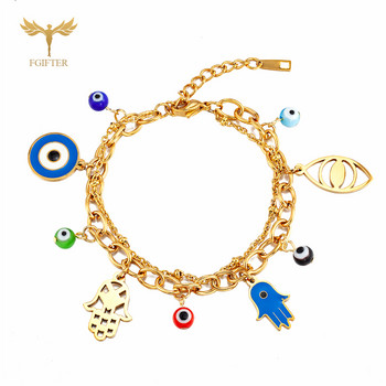 Щастливи турски гривни за зло око за жени Hamsa Hand Charms Eye Glass Balls 2 Lays Верига от неръждаема стомана Lobster Закопчалка Бижута