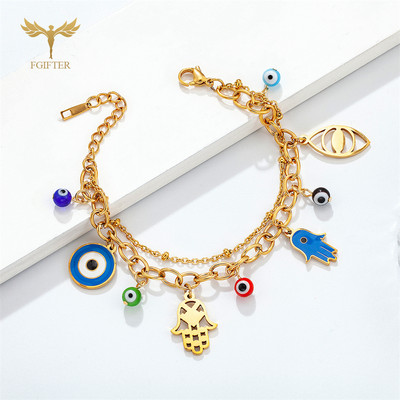 Lucky Turkish Evil Eye karkötők nőknek Hamsa Hand Charms Eye Glass golyók 2 fekvésű rozsdamentes acél lánc homár kapcsos ékszerek