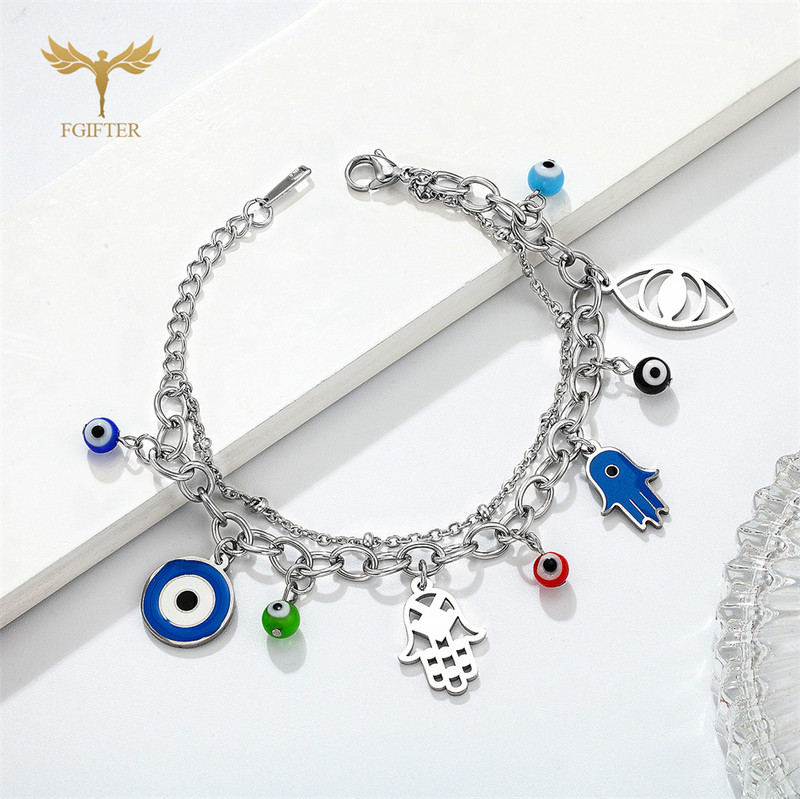 Lucky Turkish Evil Eye karkötők nőknek Hamsa Hand Charms Eye Glass golyók 2 fekvésű rozsdamentes acél lánc homár kapcsos ékszerek
