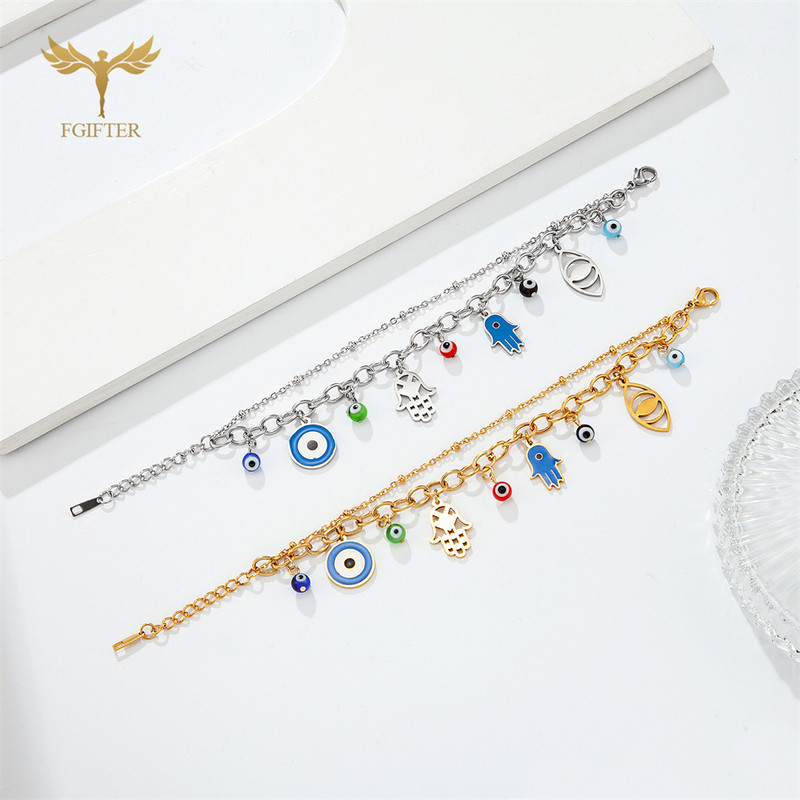 Lucky Turkish Evil Eye karkötők nőknek Hamsa Hand Charms Eye Glass golyók 2 fekvésű rozsdamentes acél lánc homár kapcsos ékszerek
